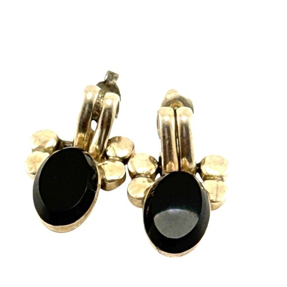 Vintage Mexican Sterling Silver Onyx Post Earrings Taxco Modernist Design - Picture 4 of 8